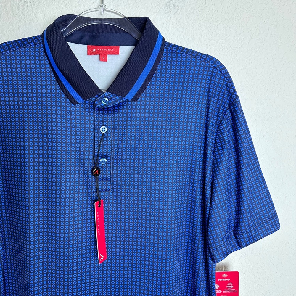 REDVANLY Mens Norvins Polo Shirt Marine Blue Geometric Golf PUREpoly Large NEW